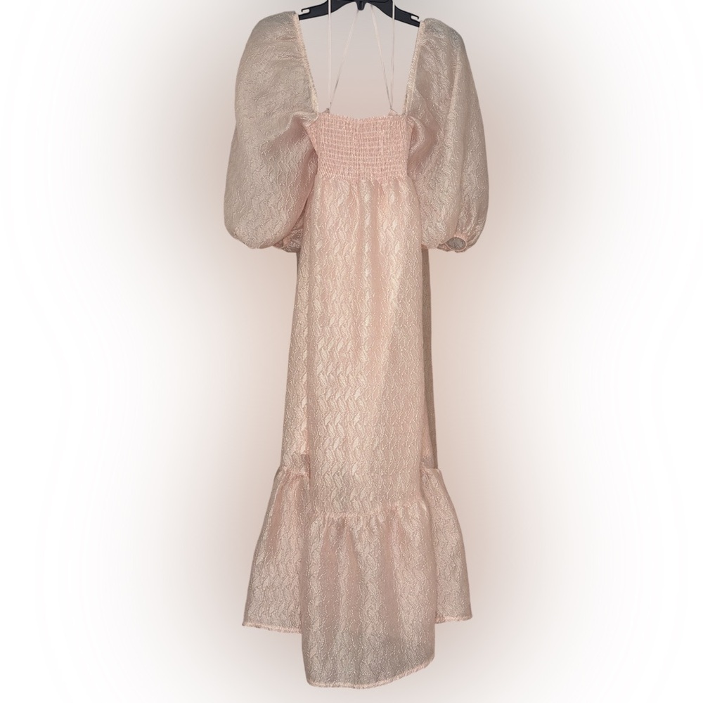 Anthropologie Textured Puff Sleeve Midi Dress Romantic Blush Pink Size L - Picture 2 of 12